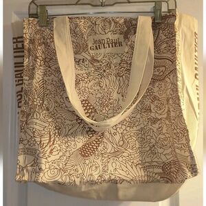 Jean Paul Gaultier Tattoo Style Tote Bag Red & Beige Canvas Shoulder Woven RARE